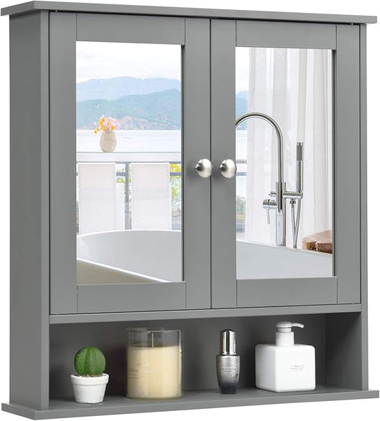 COSTWAY Bathroom Cabinet Wall Mount, Wooden Medicine Cabinet with 2 Mirror Doors, Adjustable Shelf, Open Compartment, for Laundry, Living Room, Kitchen, Gray
