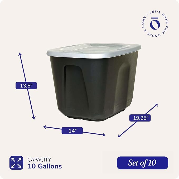 HOMZ 10-Pack Durable Molded Bin, Plastic Storage Containers w/Lids, 10 Gallon, Black/Gray - Stackable Organizer Totes and Boxes for Bedroom, Kitchen, and Garage Organization