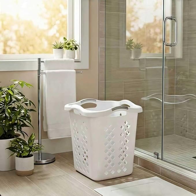 2-Pack Ultra Easy Carry Plastic Laundry Hamper, 2 Bushel Lamper Plastic Laundry Basket with Silver Handles,Dirty Clothes Laundry Hamper Bin for Home, Apartment (White)