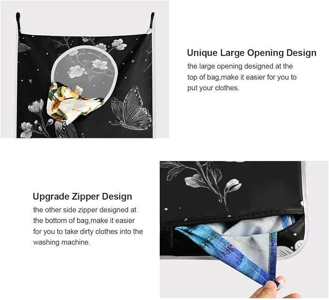 Door Hanging Laundry Hamper Bag with Free Adjustable Stainless Steel Hooks Dirty Clothes Hamper Extra Large Over the Door Laundry Hamper Butterfly Black 29.5X20inch 1 PCS