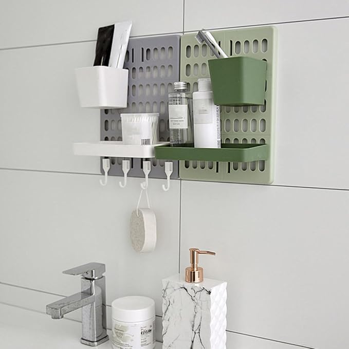Milisten Wall-Mounted Plastic Storage Rack with Hooks, Large Green Pegboard Organizer Set with Rectangular and Square Boxes for Kitchen and Bathroom Shelves, No-Drill Multifunctional Wall