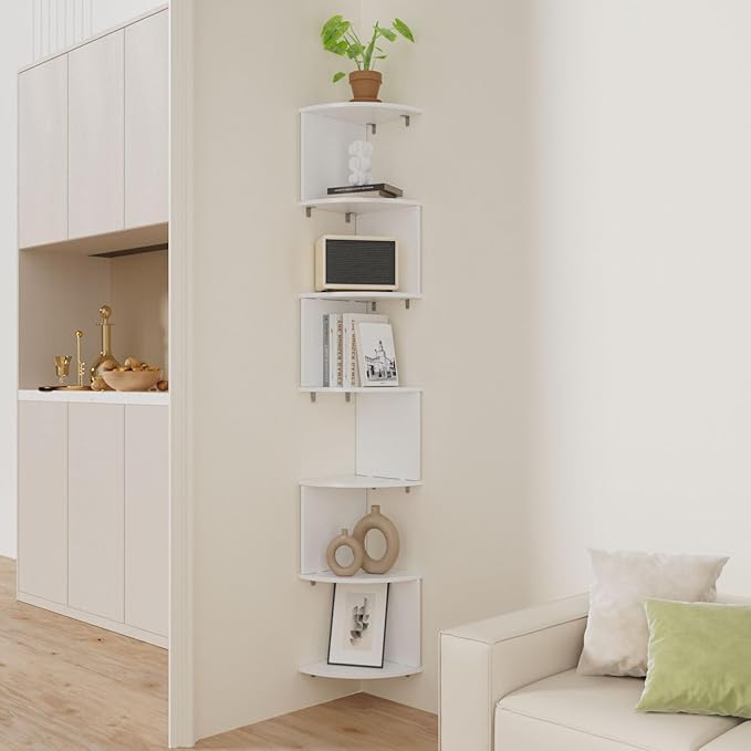 Modern Angled Design 7 Level Corner Shelf for Bathroom Bedroom Living Room Made of Durable Wood Plastic Board