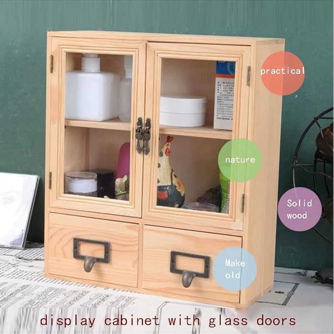 RZGKLSH Countertop Medicine Cabinet - 12.2"x4.7"x14.2"Vintage Cabinet - Pantry Storage - Glass & Wood Storage Cabinets with Doors and Shelves - Floating Shelf (Burlywood)