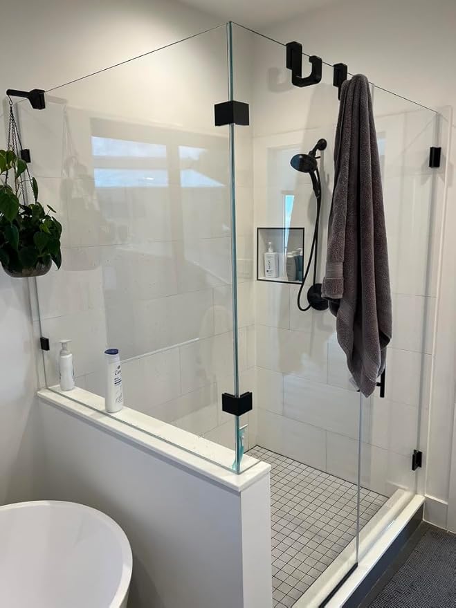Frameless Shower Glass Towel Hook, 3/8 Inch Glass Mount, Modern Black Bathroom Towel Holder