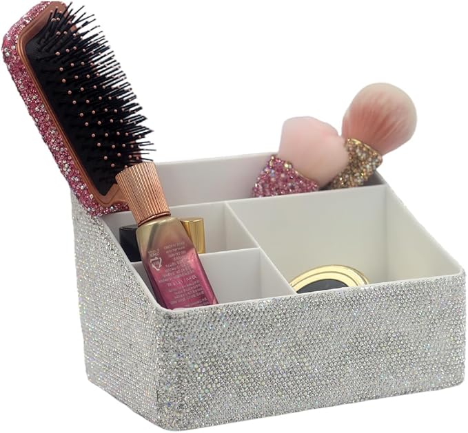 Luxury Bling Rhinestone Multi-functional Organizer Storage– Large Capacity makeup Brushes Lipsticks Storage Box with Compartments for Living Room. Bedroom and office (Siver)