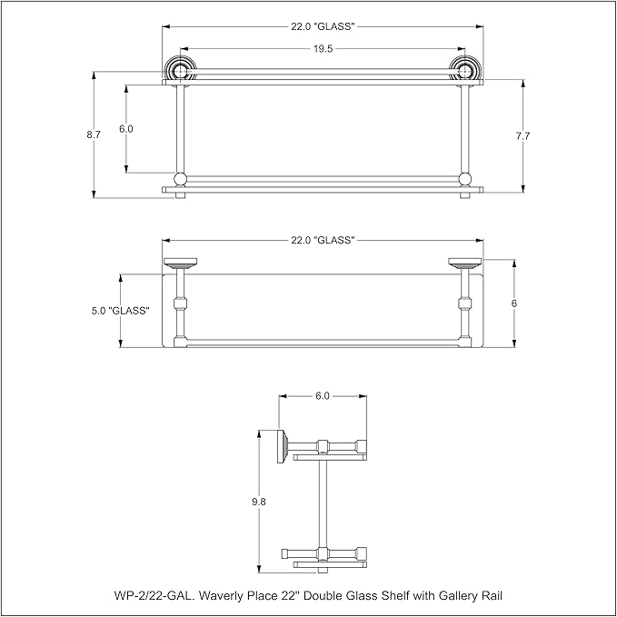Allied Brass WP-2/22-GAL-WHM Waverly Place 22 Inch Double Glass Gallery Rail Shelf, Matte White