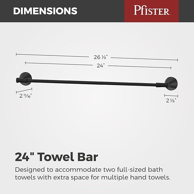 Pfister Willa Bath Towel Bar for Bathroom, 24-Inch, Wall-Mounted, Screw-in, Matte Black Finish, BTBWLL2B