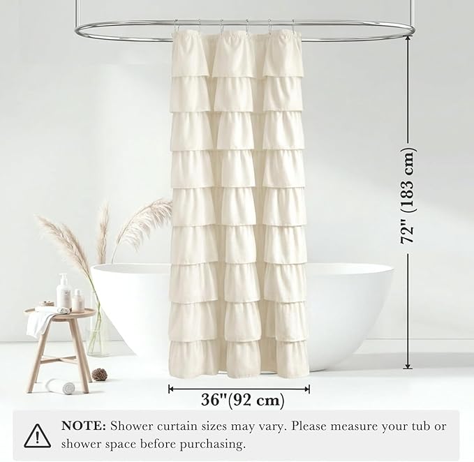 Seasonwood Small Ruffle Shower Curtain Cream Farmhouse Vintage Handcrafted Rustic Decorative Fabric Shower Curtains for Bathroom, 36" x 72"