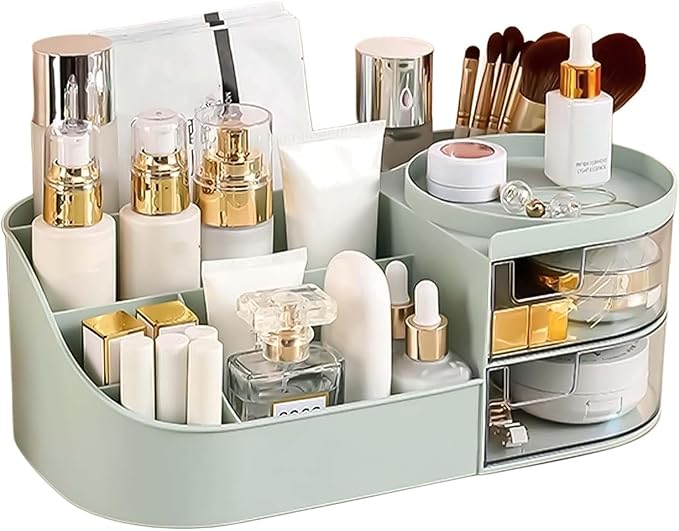 Makeup Organizer Stand Desk Storage Dressing Table Organiser Cosmetic Organizer Box Skin Care Table Bathroom Organiser Makeup Storage Box Makeup Vanity with Transparent Drawer(Green)