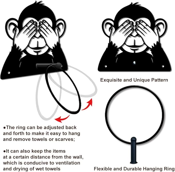 MAYJOYDIY Monkey Metal Towel Ring Round Animal Hand Towel Holder Ring Hanger Black Vintage Towels Wall Organizer for Kitchen Bath Home Laundry Room Decors Gifts