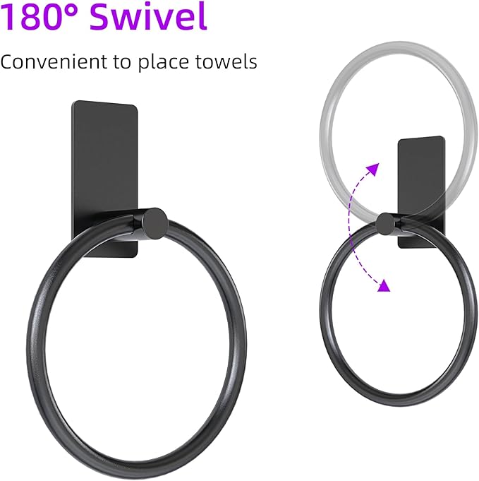 2 Pack Towel Ring, Hand Towel Holder for Bathroom, Self Adhesive Round Hand Towel Rings, Stainless Steel Towel Hanger Heavy Duty Towel Racks Stick On Wall for Kitchen, Matte Black