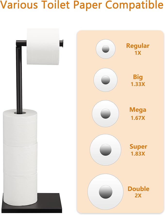 Free Standing Bathroom Toilet Paper Holder Stand with Reserve, Stainless Steel Pedestal Tissue Roll Holder, Black DECLUTTR
