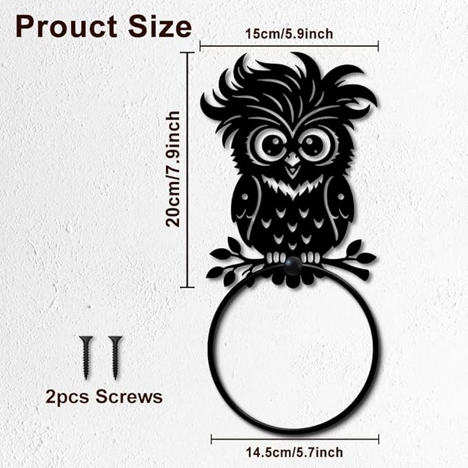 MAYJOYDIY Cute Owl Metal Towel Ring Round Cartoon Bird Hand Towel Holder Animals Ring Hanger Wall Mount Black Vintage Towels Wall Organizer for Kitchen Bath Home Laundry Room Decors Gifts