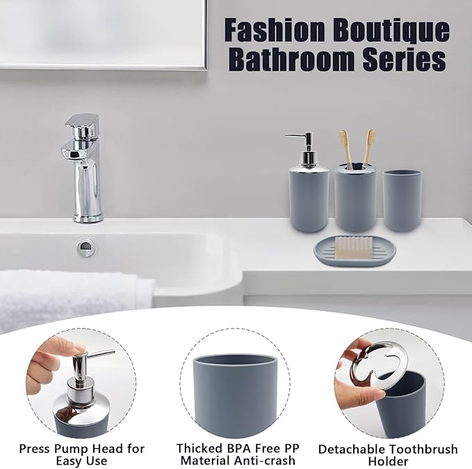 Bathroom Accessory Set, 4 pcs Shatter-Resistant Resin Bathroom Accessories Set Include Lotion Soap Dispenser Toothbrush Holder Soap Dish Modern Bathroom Decor, Gift for Home (Grey 4pcs)