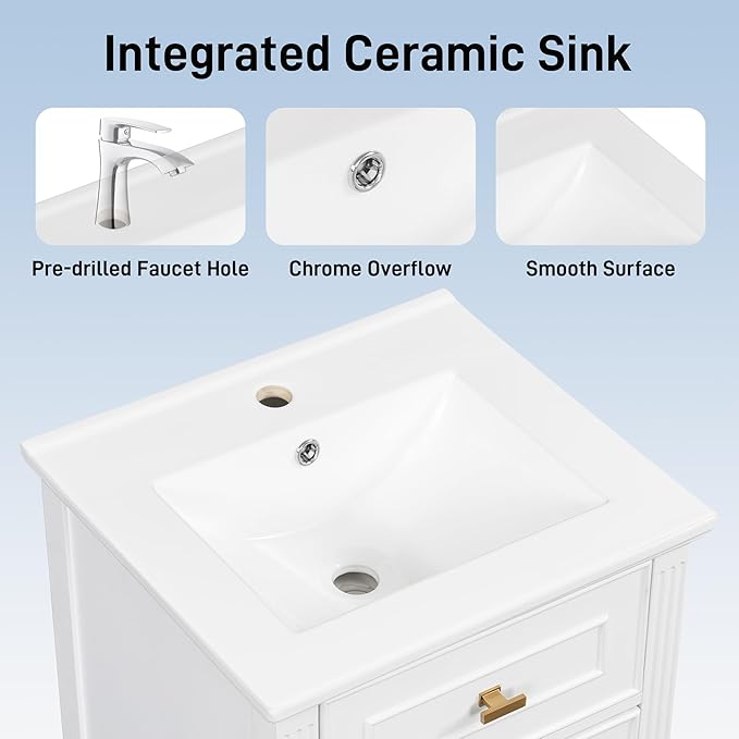 Virubi 20 in Small Bathroom Vanity with Sink,Soft Closing Door,Tilt-Out Drawer and Adjustable Shelf,Solid Wood Modern Single Bathroom Sink Cabinet,Freestanding (White)