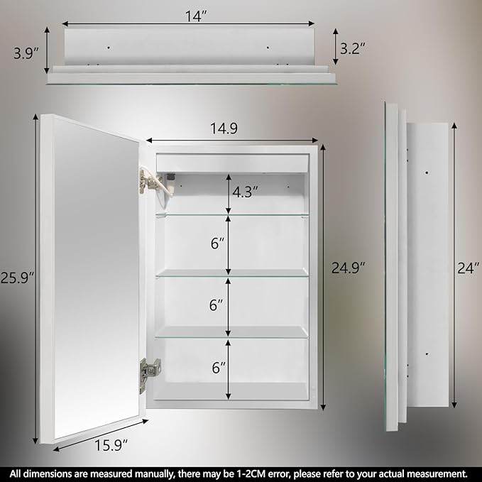 Smart Lighted Medicine Cabinet with Anti-Fog Mirror-16x26 Inch, Dimmable LED, Touch Control, 3 Glass Shelves,Recessed or Surface Mount Bathroom Storage