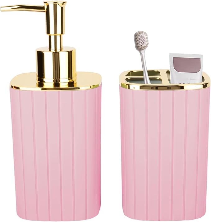 2PCS Bathroom Accessories Set, Pink Bathroom Accessories Include Soap Dispenser and Toothbrush Holder for Boho Bathroom Decor