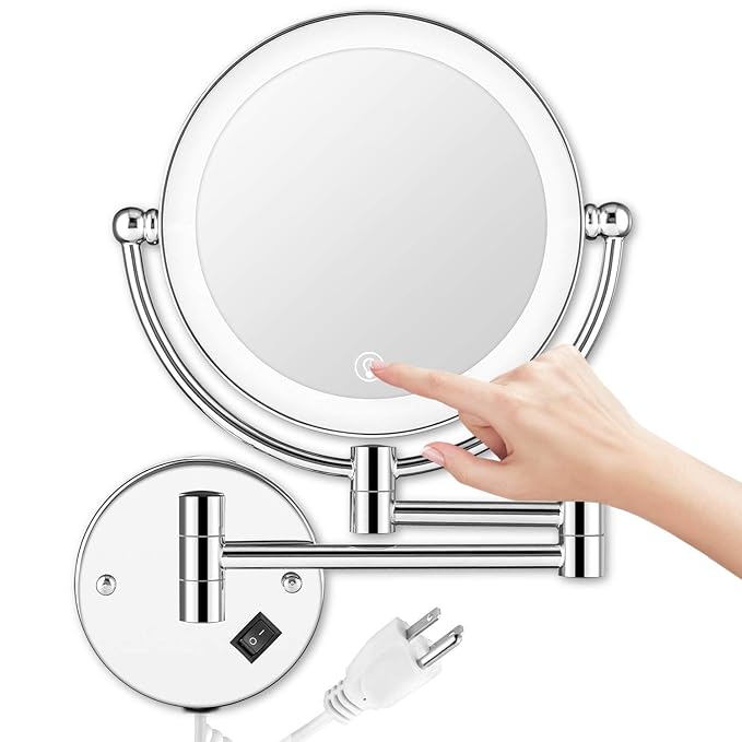 Wall Mounted Lighted Makeup Mirror, 8 Inch Double-Sided 1X 5X Magnifying Mirror for Bathroom, 11'' Extendable Arm, 360° Swivel, Touch DimmableLED Lights, Powered by Plug in, Chrome