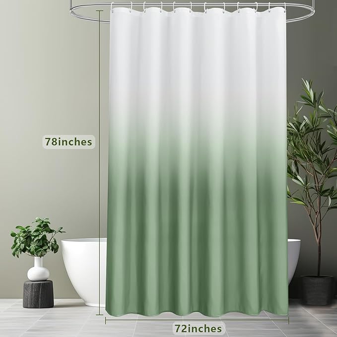 AooHome Fabric Shower Curtains, Cloth Ombre Green Shower Curtain Sets, Washable Fabric Green and White Shower Curtain, Rustic Farmhouse Bathroom Shower Curtains, 72x78 Inches