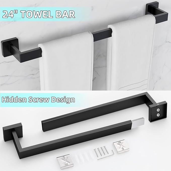 24" Bathroom Towel Bar, 24 Inch Towel Racks for Bathroom Wall Mounted, 304 Stainless Steel Hand Towel Holder Organizer, Modern Home Decor Towel Rod, Matte Black Towel Hangers for Bathroom Wall