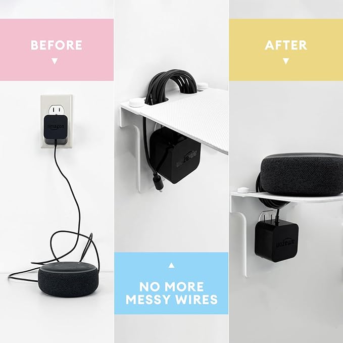 Metal Outlet Shelf Wall Holder for Duplex (Round) Outlets - Bathroom & Kitchen Organizer with Cord Storage, Quick Install for Smart Home Toothbrush Holder Holds Smart Speaker Cell Phone