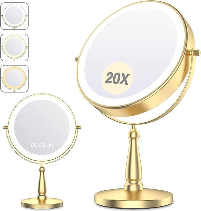 Vanity Mirror with Lights, 9'' Lighted Makeup Mirror, 1X/30X Double Sided Magnifying Mirror, 5000mAh Rechargeable, 3 Color Dimmable LED, 360° Rotation Desk Mirror for Makeup & Skincare, Gold