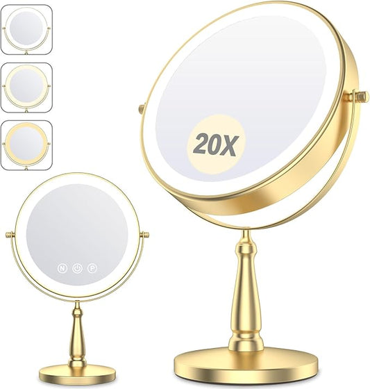 Vanity Mirror with Lights, 9'' Lighted Makeup Mirror, 1X/30X Double Sided Magnifying Mirror, 5000mAh Rechargeable, 3 Color Dimmable LED, 360° Rotation Desk Mirror for Makeup & Skincare, Gold