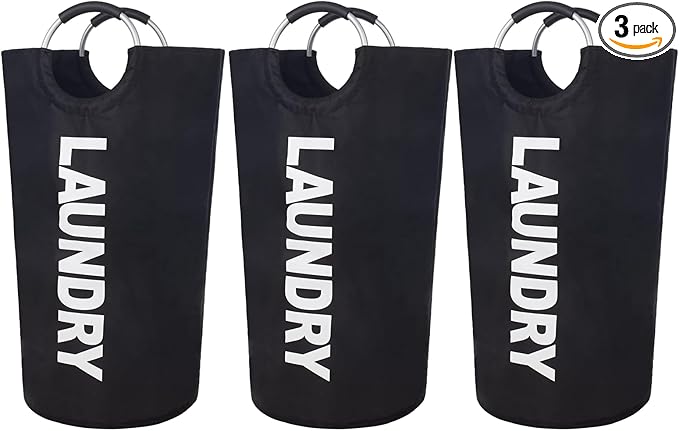 3 Pack 90L Laundry Basket,Waterproof Laundry Hamper,Dirty Clothes Hamper for Laundry, Laundry Baskets with Foam Protected Aluminum Handles for Laundry,Dorm,Family (Black, 3 Pack-90L)