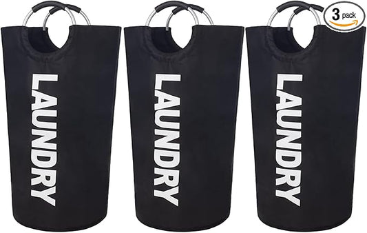 3 Pack 90L Laundry Basket,Waterproof Laundry Hamper,Dirty Clothes Hamper for Laundry, Laundry Baskets with Foam Protected Aluminum Handles for Laundry,Dorm,Family (Black, 3 Pack-90L)