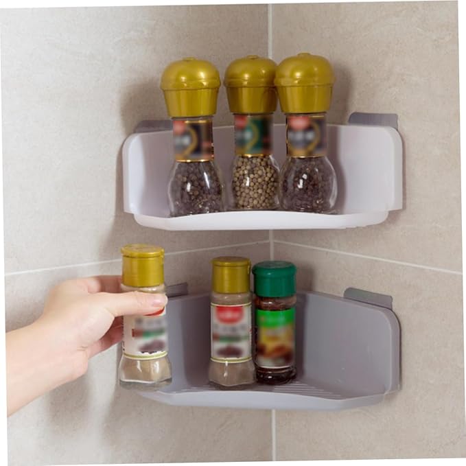 OSALADI 2sets No Punching Triangle Plastic Storage Mounted Corner Shelf for Bathroom Kitchen Grey White Durable Draining Design Easy Installation Modern Style 2pcs*2