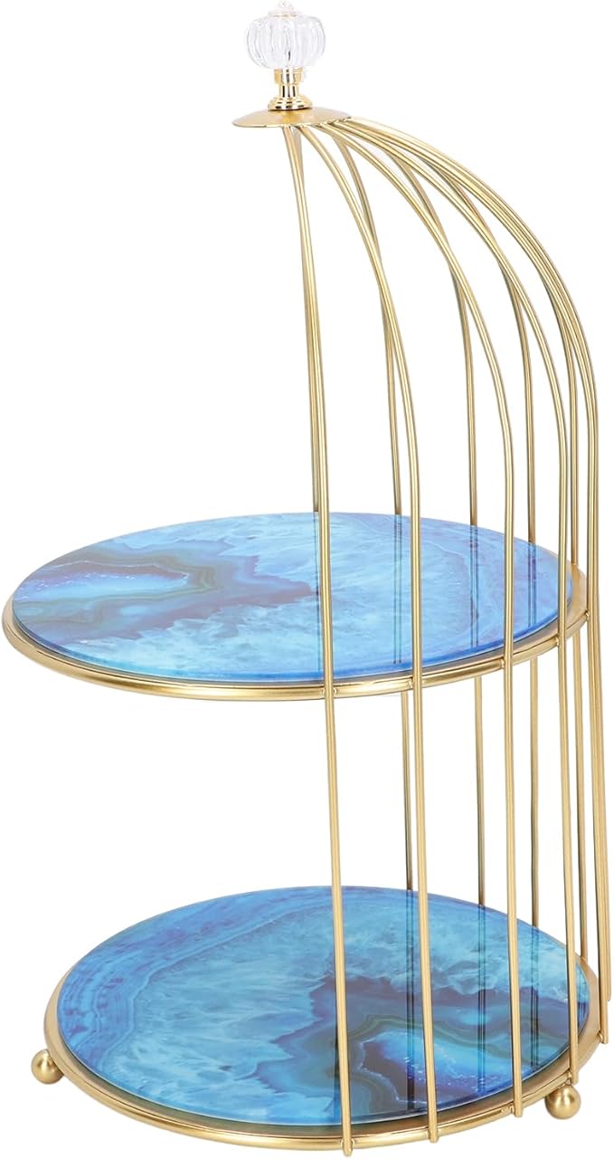 Double Layer Storage Shelf Bird Cage Organizer Display Rack for Bathroom Countertop Dressing Table Gold Frame (Agate Stone Pattern)