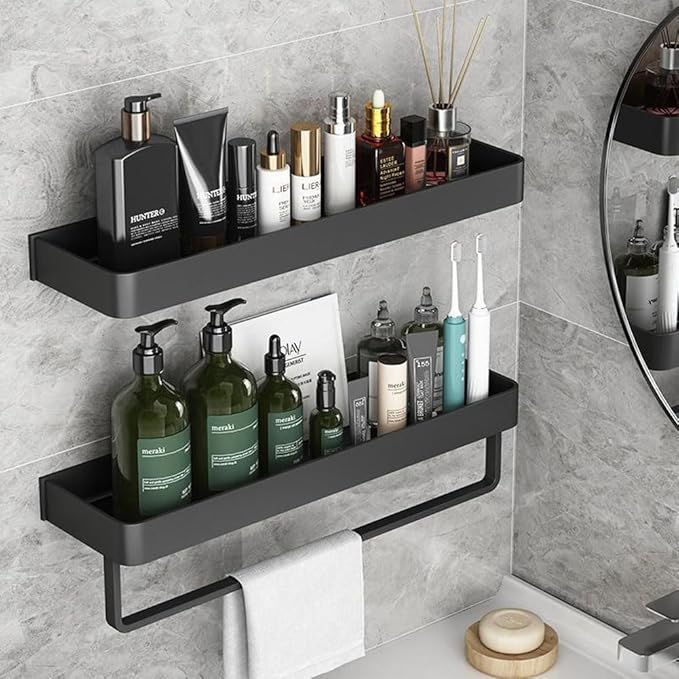 Bathroom Shelves Wall Mounted, Floating Shelf with Towel Bar, 2 Tier Bathroom Wall Organizer(Black)