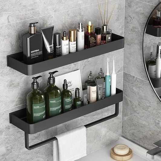 Bathroom Shelves Wall Mounted, Floating Shelf with Towel Bar, 2 Tier Bathroom Wall Organizer(Black)
