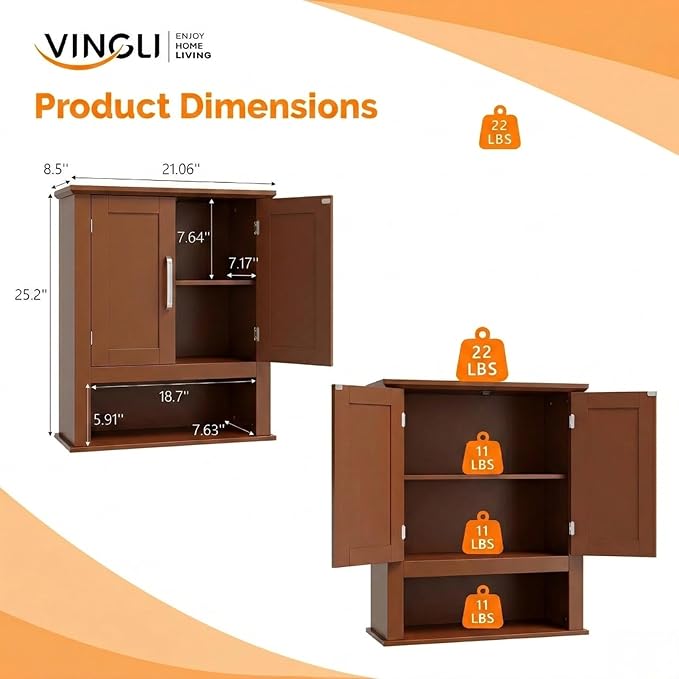 VINGLI Bathroom Wall Cabinet, Black Wall Mounted Storage Cabinet for Bathroom Over The Toilet, Medicine Cabinet with 2 Doors and 3-Height Adjustable Shelf & Open Shelf, Painted MDF, Space Saving