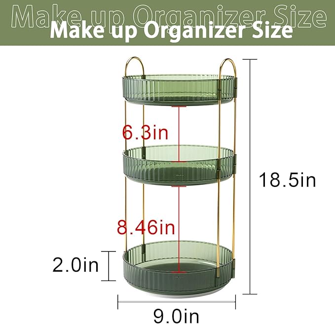 shuang qing Rotating Makeup Organizer for Vanity, High-Capacity Skincare Clear Make Up Storage Perfume Organizers Cosmetic Dresser Organizer Countertop 360 Spinning (Green, 3 Tier)