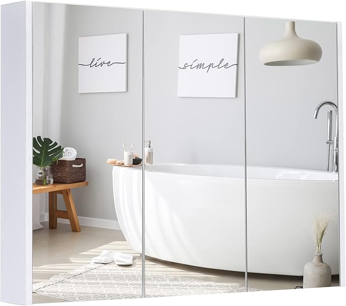 GLACER Large Mirrored Medicine Cabinet, Bathroom Wall Mounted Storage Cabinet with Triple Mirrored Doors, Ideal for Bathroom, Living Room, 36 x 4.5 x 25.5 inches (White)