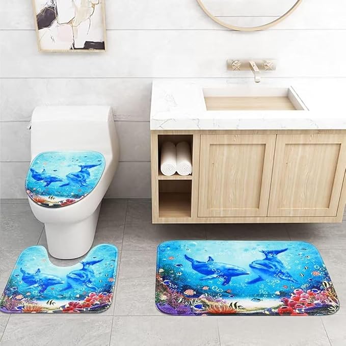Yizheer 4Pcs Blue Ocean Dolphin Shower Curtain Sets with Rugs, Toilet Lid Cover and Bath Mat, Bathroom Shower Curtains Bathroom Decor Set
