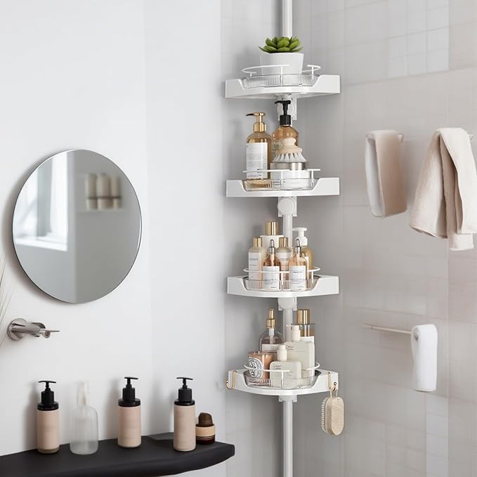 shuang qing 360° Rotating Corner Shower Caddy Tension Pole Organizer - 4-Tier Adjustable Rustproof Metal Pole, Plastic Shelves with Safety Guardrail, Bathroom Storage for Shower & Bathtub(White)