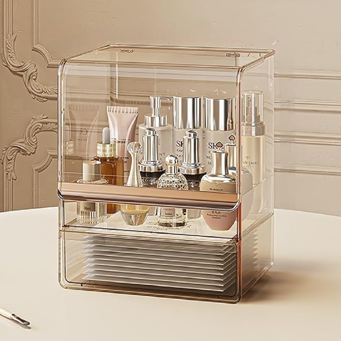Makeup Organizer with Lid Drawers Translucent Skincare Holder Large Capacity Cosmetics Countertop Storage Box for Vanity Easy Visibility Dustproof (Gold Clear,Large Organizer)