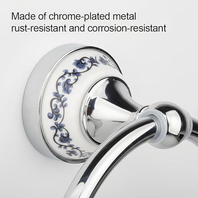 2 pcs Silver Towel Ring Hook Holder Wall Mount Rack Blue&White Porcelain Ceramic Base Stainless Steel Old Chinese Decor