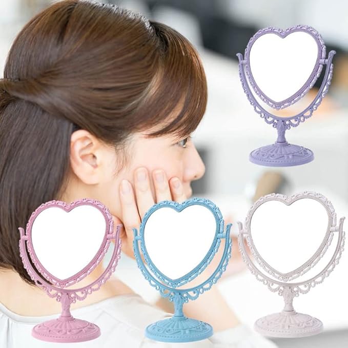 AKOAK Heart-Shaped Cosmetic Mirror - Plastic, Double-Sided, Rotatable, Lightweight - Bathroom & Bedroom Mirror (Blue)