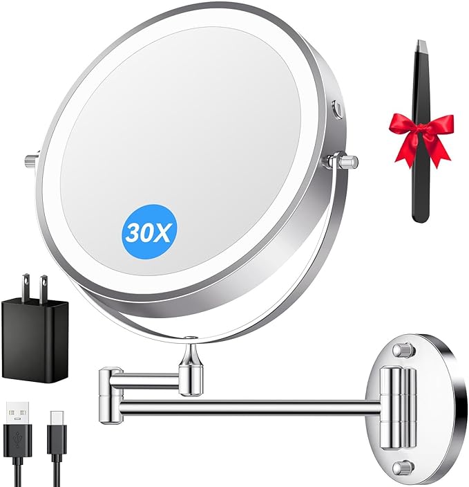 9'' 30X/1X Wall Mounted Lighted Makeup Mirror, 5000mAh Rechargeable Double-Sided Magnifying Mirror with Light, Bathroom Mirror Touch Dimmable 3 Colors 360° Rotation Extended Arm, Power Adapter