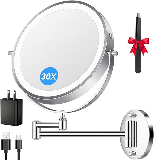 9'' 30X/1X Wall Mounted Lighted Makeup Mirror, 5000mAh Rechargeable Double-Sided Magnifying Mirror with Light, Bathroom Mirror Touch Dimmable 3 Colors 360° Rotation Extended Arm, Power Adapter