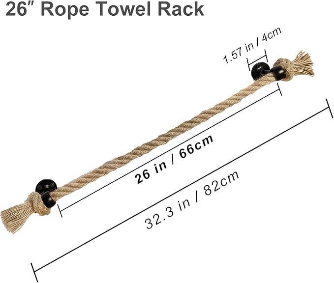 26'' Beach Rope Towel Rack–Nautical Coastal Towel Bar Unique Knot for Bathroom Decor Accessories Black Farmhouse Towel Holder Wall Mounted