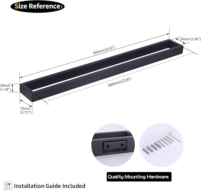 GERZWY 24-Inch Bathroom Towel Bar Stainless Steel Bath Towel Rack Contemporary Style Wall Mount Matte Black HG1701(60)-BK