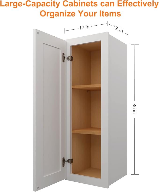 ROOMTEC (Light Gray Wood Wall Cabinet, RTA Single Door Medicine Cabinet with Adjustable Shelves and Soft-Close Door for Kitchen, Bathroom, and Laundry. 12" D*12" W*36" H