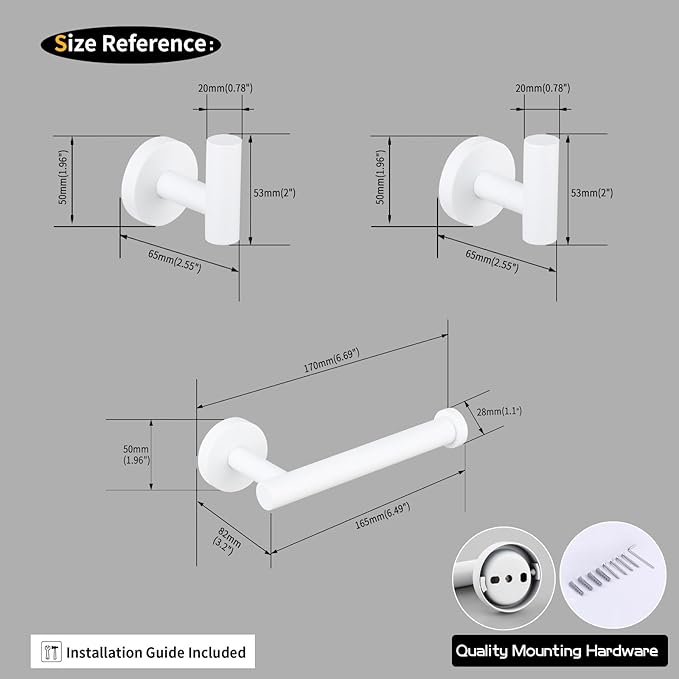 GERZWY 3-Piece Bathroom Accessories Hardware Set SUS 304 Stainless Steel - 2X Coat Hook Toilet Paper Holder, White
