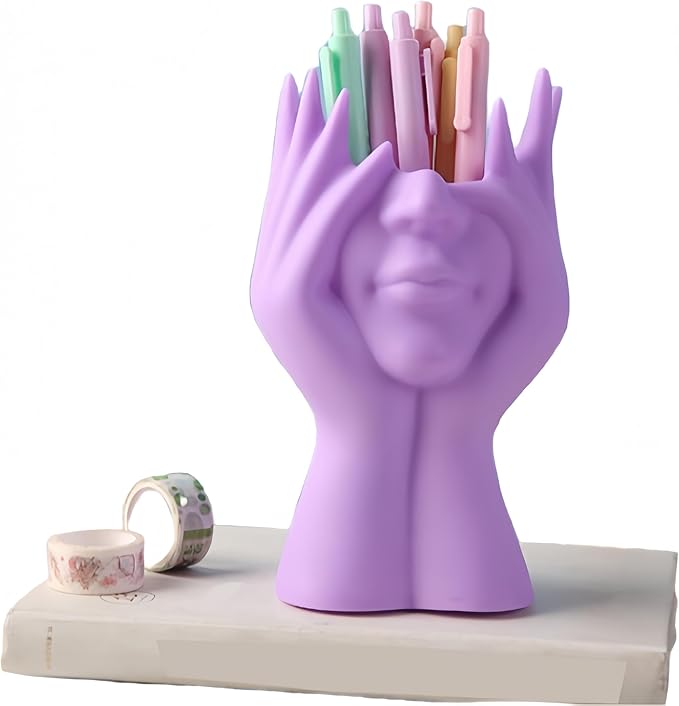 Make Up Brush Holder Organizer Face-Shaped Pen Holder Vase Organizer Abstract Art Face Hand Design Travel Cosmetic Holder | Makeup Organizer For Brushes (purple)