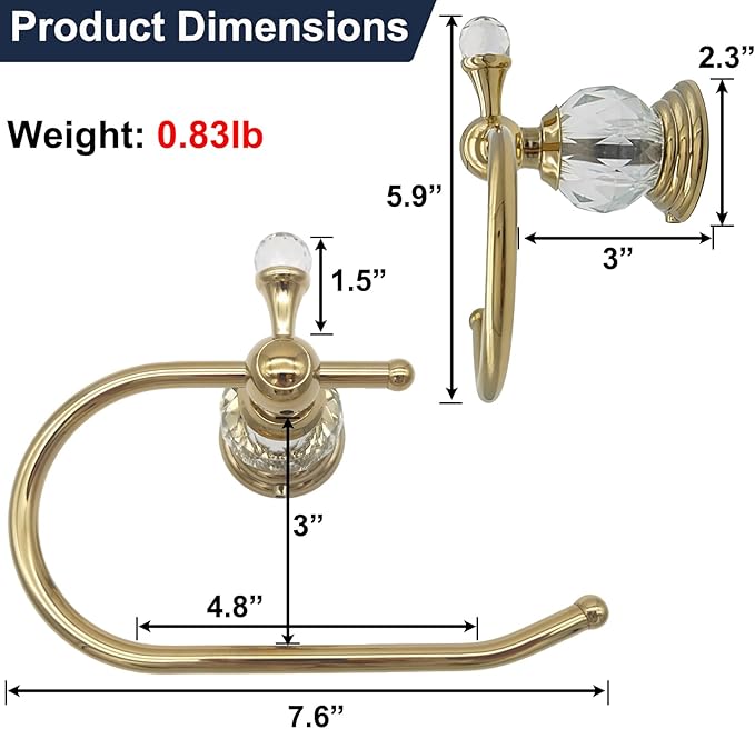 Gold Toilet Paper Holder with Crystal, Polished Gold Tissue Roll Holder Bathroom Wall Mounted, Rust-Resistant Hand Towel Holder
