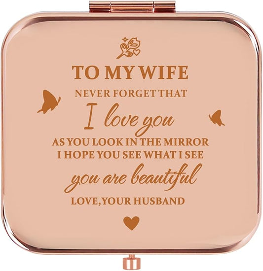 Gifts for Wife - Beautiful Wife Gift Compact Mirror Rose Gold, Birthday Gifts for Women, Wedding Anniversary, Valentines Day, Mothers Day for Wife